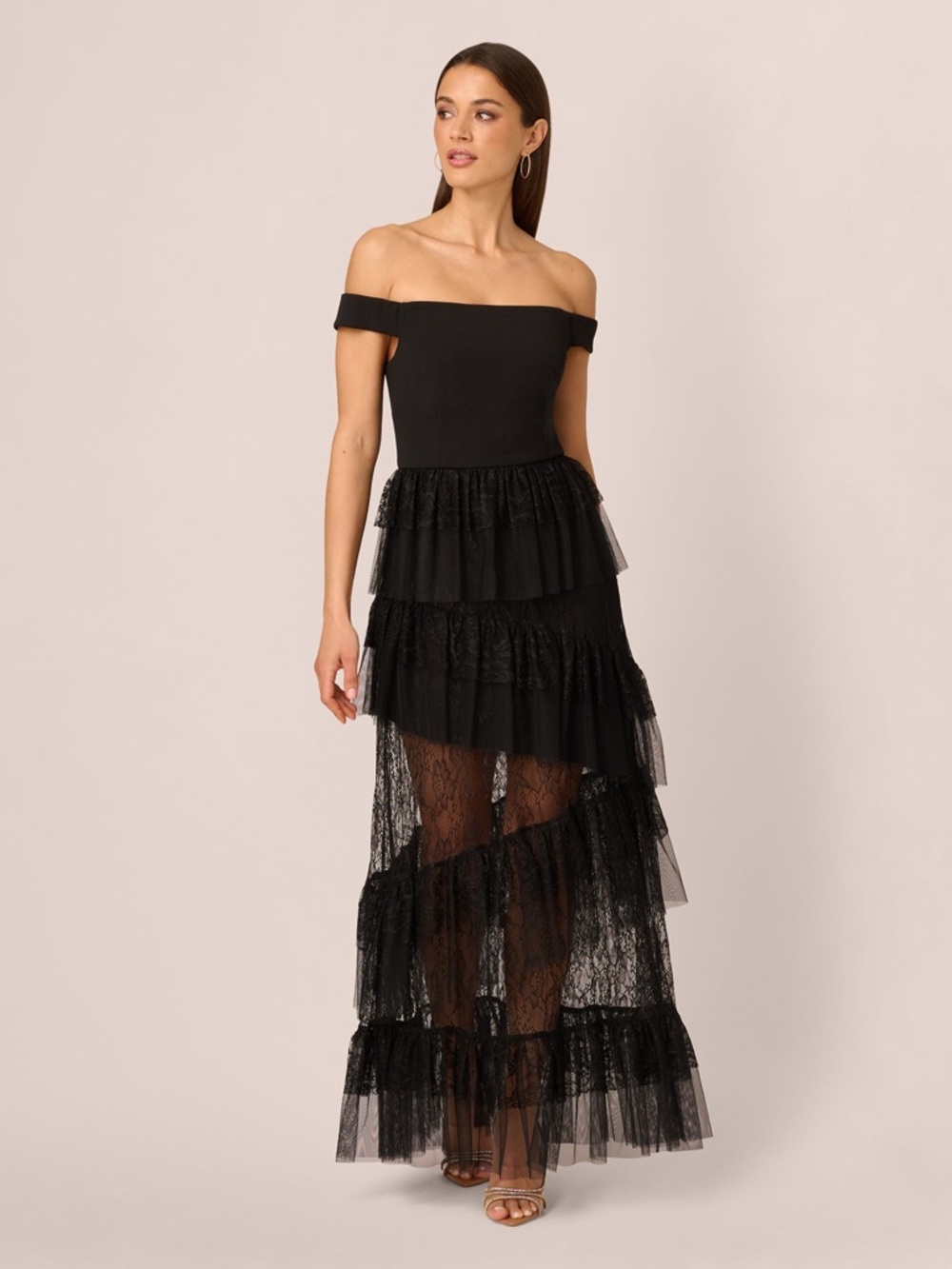 Adrianna Papell Black Off Shoulder Lace Tiered Maxi Dress Gown Size 14 NWT GALA